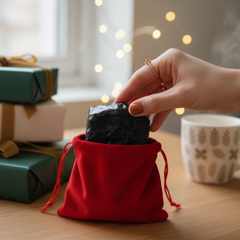 A red fabric drawstring pouch sits on a wooden table, with a hand reaching into it to pull out a black crumpled gift bag. In the background, wrapped presents, a patterned mug, and warm string lights create a cozy holiday atmosphere.